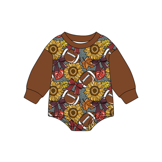 ( Moq 5 ) Preorder Baby Kids Infant Long Sleeves Sunflowers Bows Football Bubble Fall Romper