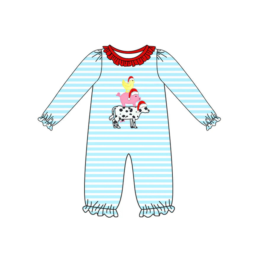 ( Moq 5 ) Preorder Baby Girl Long Sleeves Farm Animals Blue Stripes Christmas Ruffle Romper