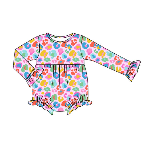 ( Moq 5 ) Preorder Baby Girl Long Sleeves Colorful Leopard Ruffle Bubble Romper