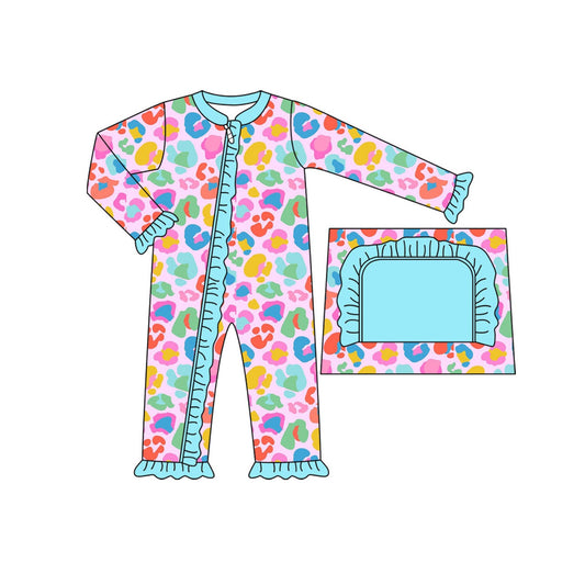 ( Moq 5 ) Preorder Baby Girl Long Sleeves Colorful Leopard Zipper Ruffle Romper