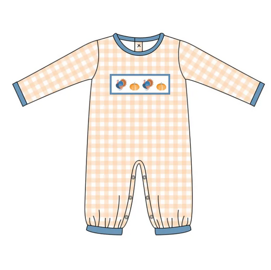 ( Moq 5 ) Preorder Baby Boy Long Sleeves turkey Pumpkins Plaid Thanksgiving Fall Romper