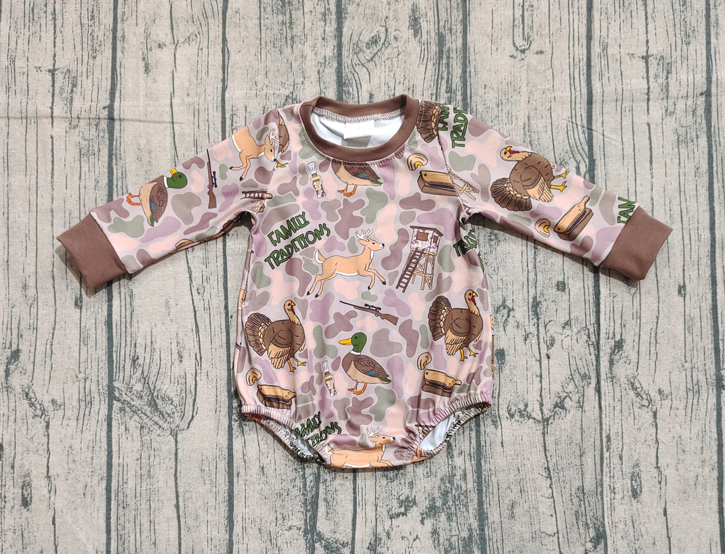 ( No moq ) Preorder Baby Boy Long Sleeves Deer Ducks Camo Hunting Bubble Romper