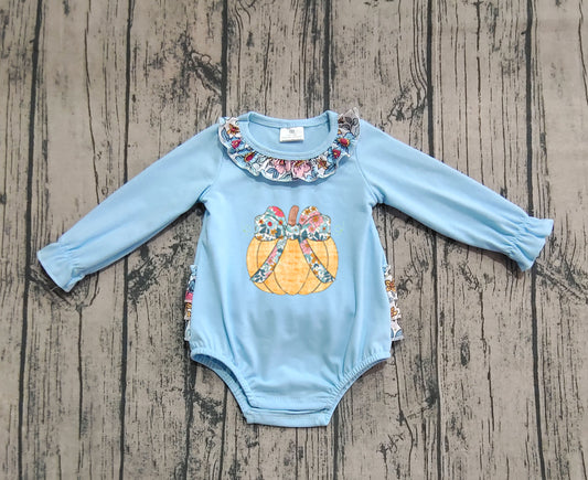 ( No moq ) Preorder Baby Girl Blue Long Sleeves Floral Embroidery Bow Pumpkin Ruffle Bubble Fall Romper