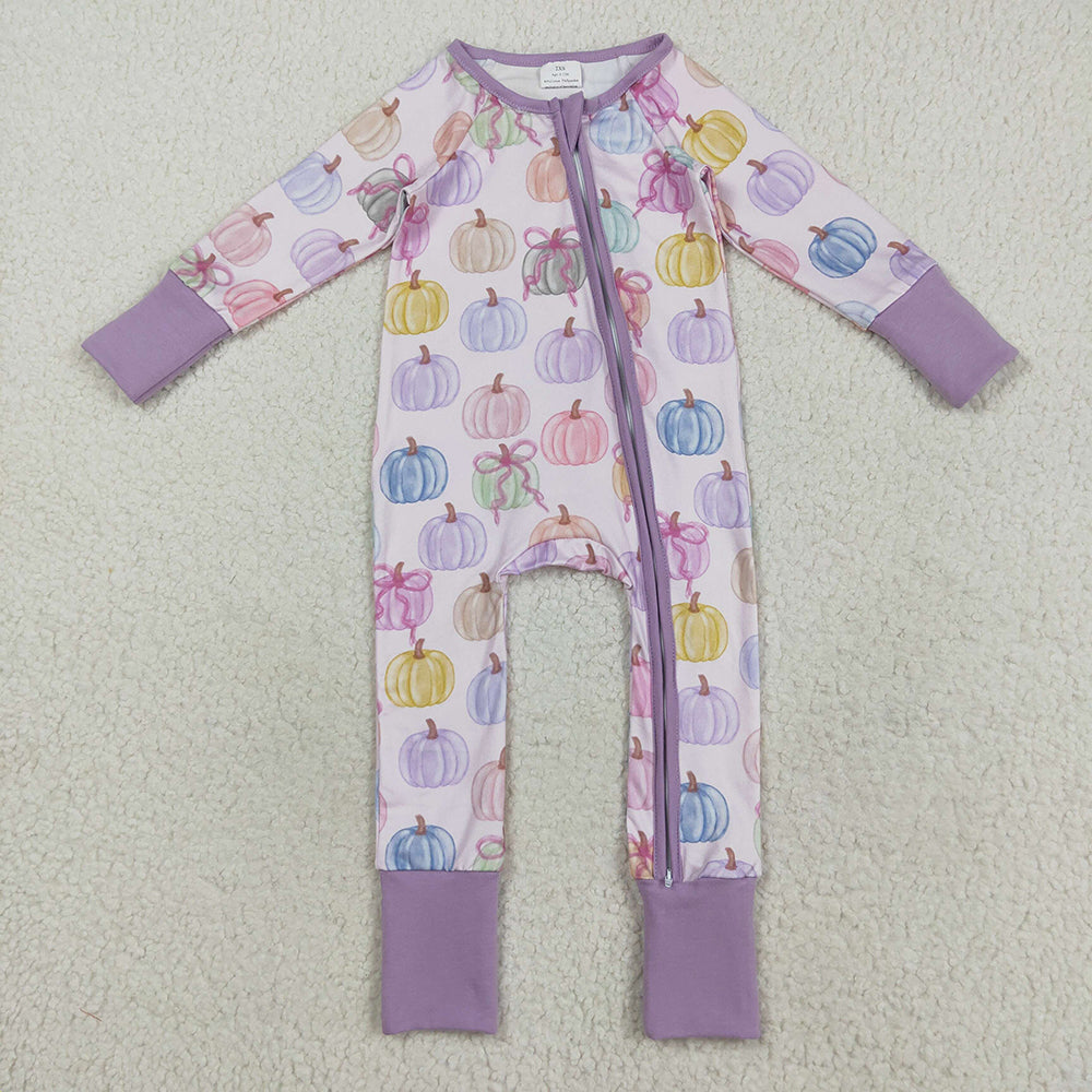 Baby Girl Long Sleeves Bows Pumpkins Sibling Thanksgiving Pajamas Zipper Romper Set RTS