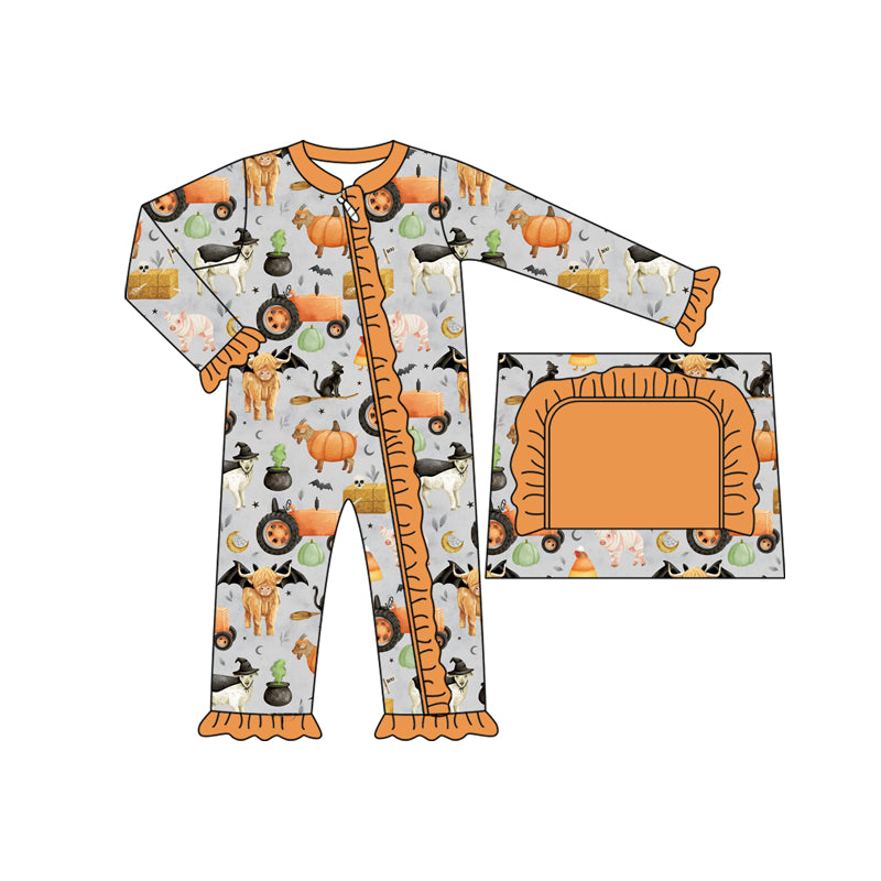 ( Moq 5 ) Preorder Baby Girl Long Sleeves Halloween Pumpkins Farm Animals Ruffle Zipper Romper