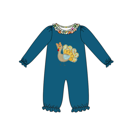 ( Moq 5 ) Preorder Baby Girl Blue Long Sleeves turkey Flower Ruffle Thanksgiving Fall Romper