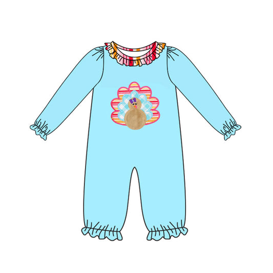 ( Moq 5 ) Preorder Baby Girl Blue Long Sleeves Plaid turkey Thanksgiving Fall Romper