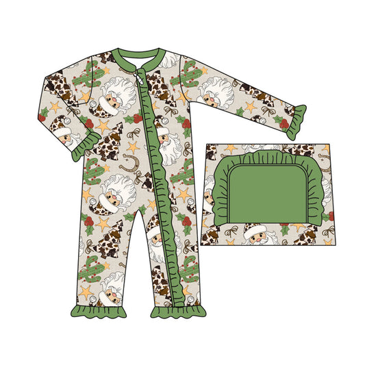 ( Moq 5 ) Preorder Baby Girl Long Sleeves Santa Cactus Christmas Green Ruffle Zipper Romper