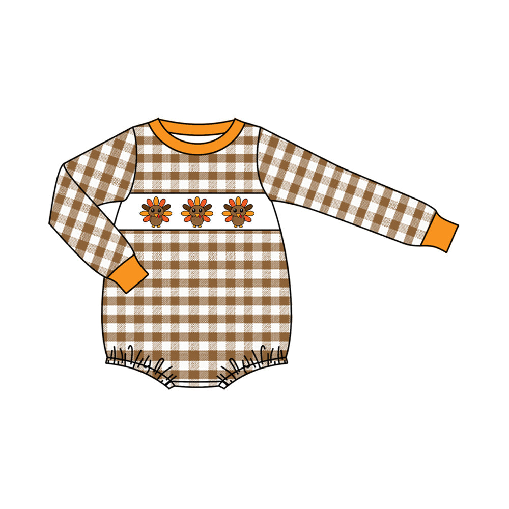 ( Moq 5 ) Preorder Baby Boy Infant Long Sleeves turkey Plaid Thanksgiving Bubble Romper
