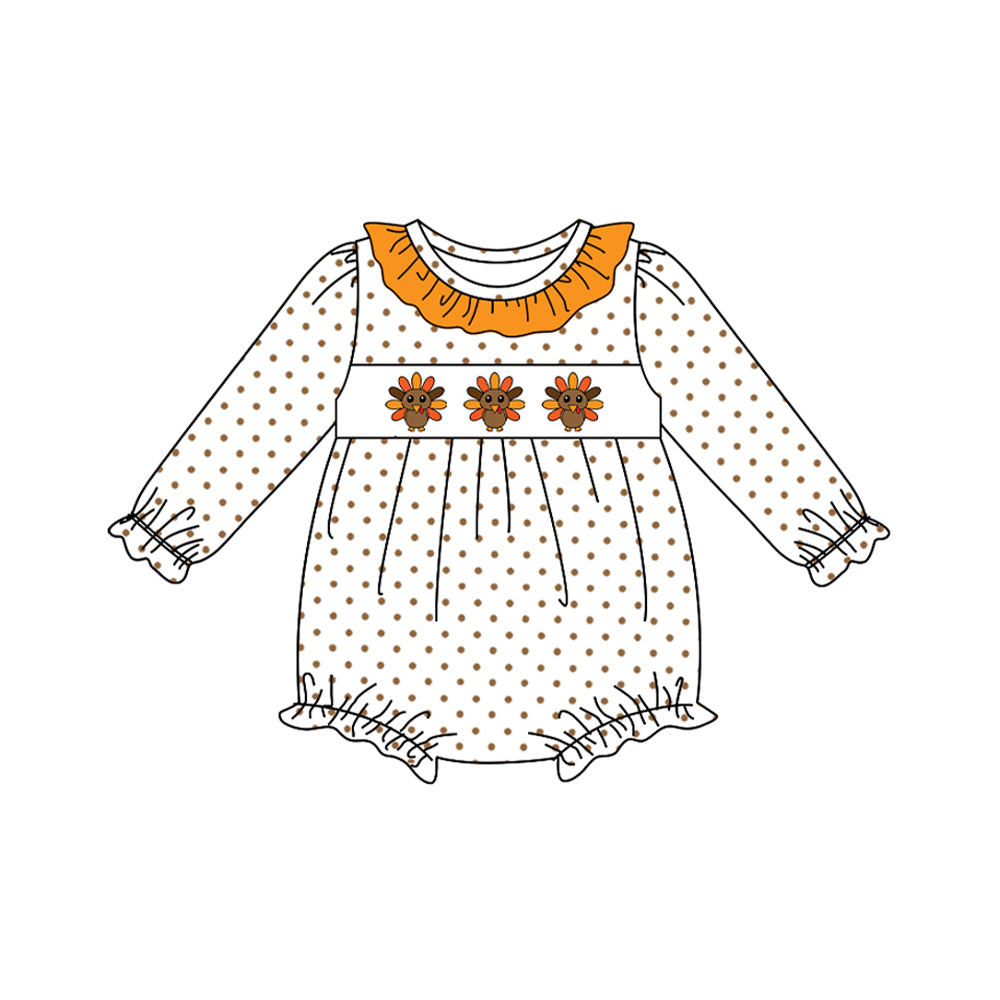 ( Moq 5 ) Preorder Baby Girl Infant Long Sleeves turkey Dots Thanksgiving Bubble Romper