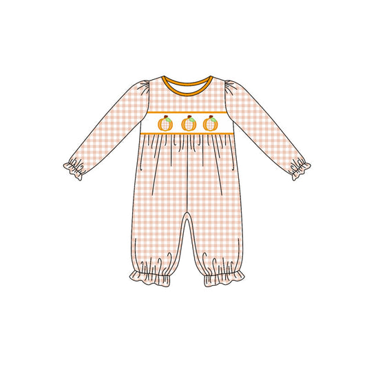 ( Moq 5 ) Preorder Baby Girl Long Sleeves Pumpkins Plaid Thanksgiving Fall Romper