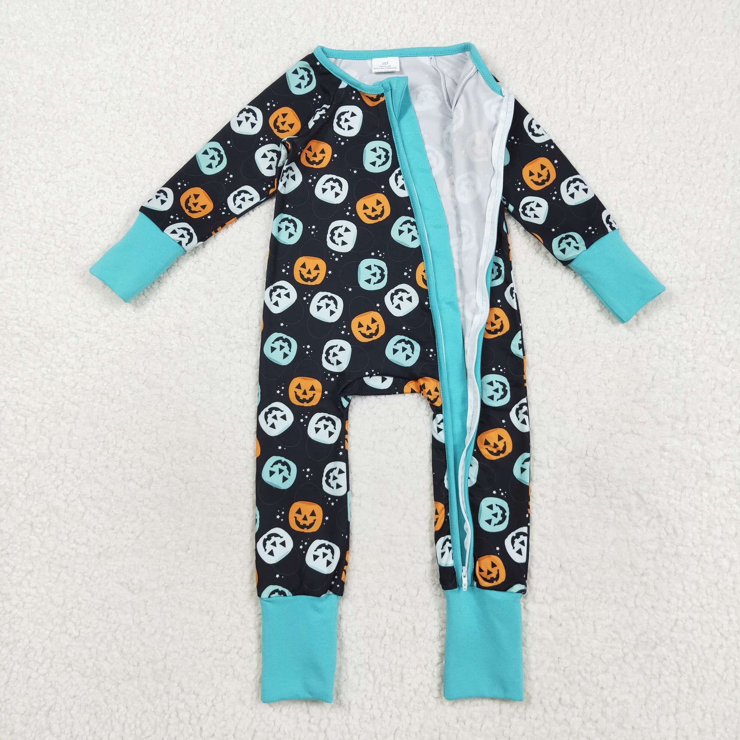 Sibling Baby Girls Colorful Ghost Pumpkins Fall Halloween Zipper Footie Rompers