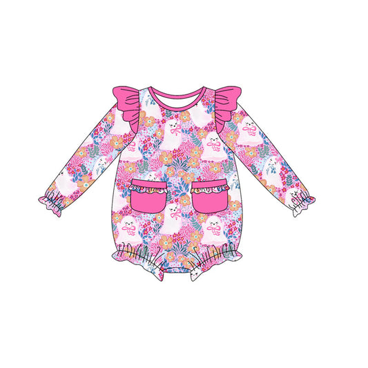 ( Moq 5 ) Preorder Baby Girl Long Sleeves Ghost Bows Flower Pockets Halloween Pink Bubble Romper