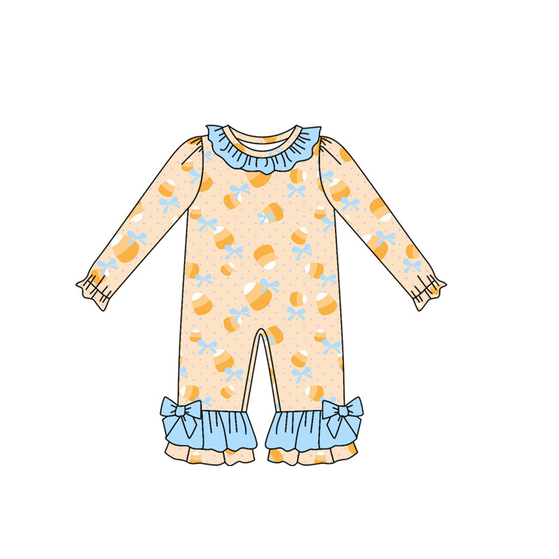 ( Moq 5 ) Preorder Baby Girl Long Sleeves Candy Corn Bows Halloween Ruffle Romper