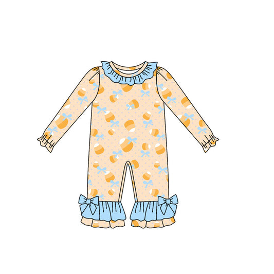 ( Moq 5 ) Preorder Baby Girl Long Sleeves Candy Corn Bows Halloween Ruffle Romper