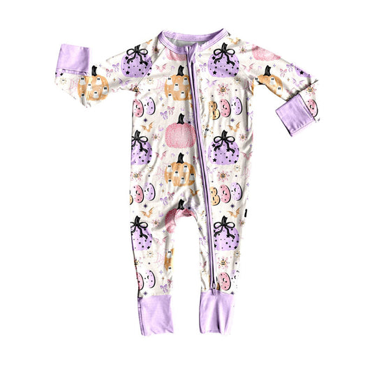 ( Moq 5 ) Preorder Baby Girl Toddler Long Sleeves Pumpkins Bows Boo Halloween Purple Zipper Romper