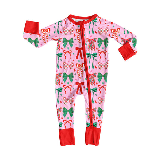 ( Moq 5 ) Preorder Baby Girl Infant Long Sleeves Christmas Bows Zipper Romper