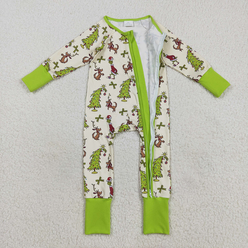 Baby Boy Long Sleeves Green Face Dogs Tree Christmas Sibling Pajamas Footie Romper Set RTS