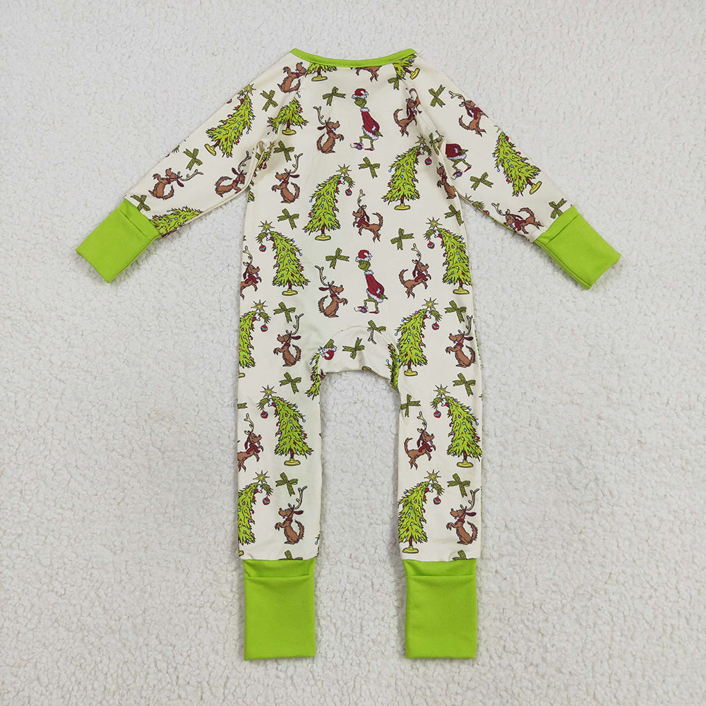 Baby Boy Long Sleeves Green Face Dogs Tree Christmas Sibling Pajamas Footie Romper Set RTS