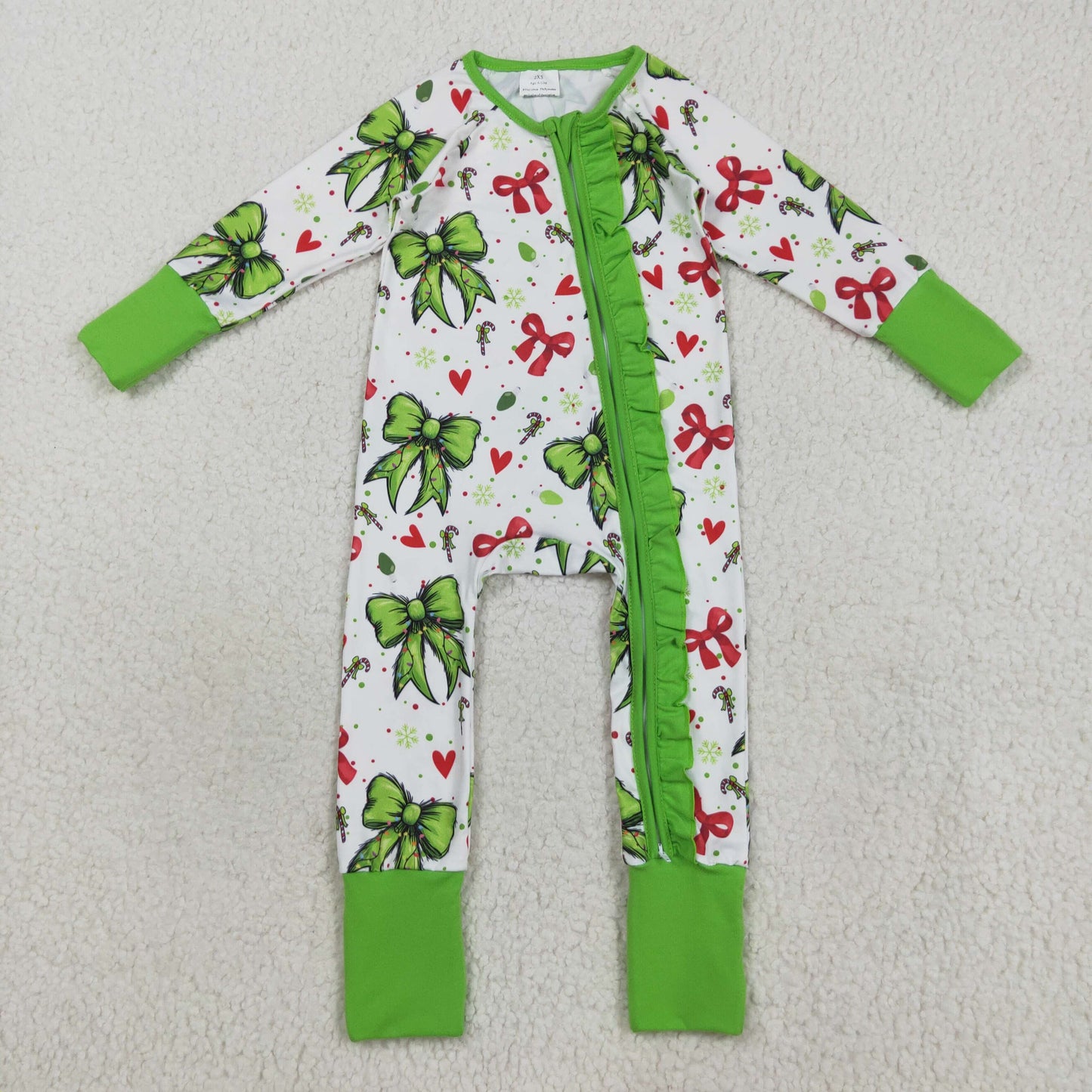 Sibling Baby Boys Girls Kids Christmas Bows Santa Two-way Zipper Footie Sleeper Rompers RTS
