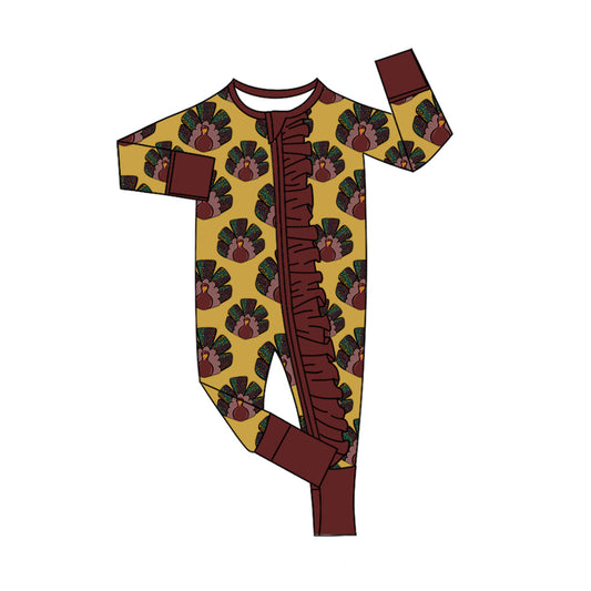 ( Moq 5 ) Preorder Baby Girl Long Sleeves turkey Thanksgiving Fall Ruffle Zipper Romper
