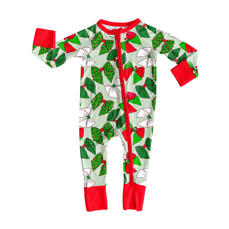 ( Moq 5 ) Preorder Baby Girl Long Sleeves Green Face Bows Christmas Zipper Romper