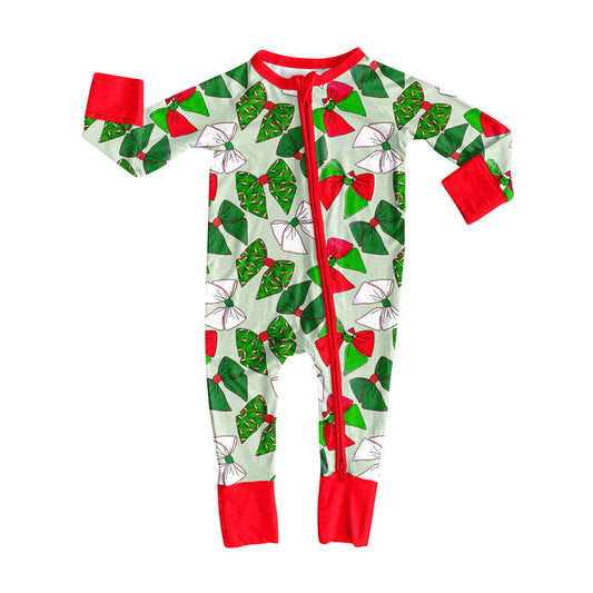 ( Moq 5 ) Preorder Baby Girl Long Sleeves Green Face Bows Christmas Zipper Romper