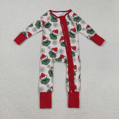 Kids Girls Long Sleeves Green Face Flower Christmas Sibling Pajamas Footie Romper Dress Set RTS