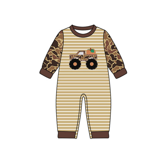 ( Moq 5 ) Preorder Baby Boy Camo Long Sleeves Truck Pumpkin Stripes Fall Romper