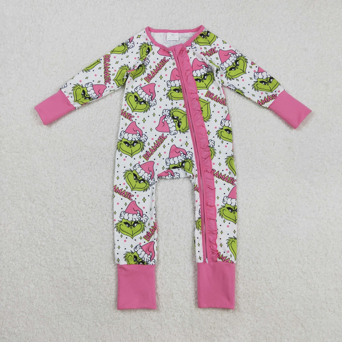 Girls Kids Green Face Pink Ruffle Zipper Footie Romper Pajamas Set Sibling Christmas Clothes RTS