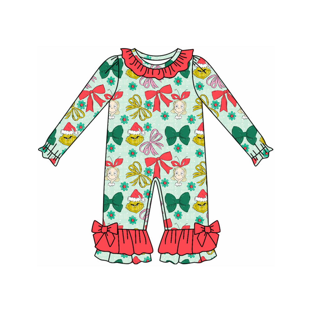 ( Moq 5 ) Preorder Baby Girl Long Sleeves Green Face Bows Flower Christmas Ruffle Romper