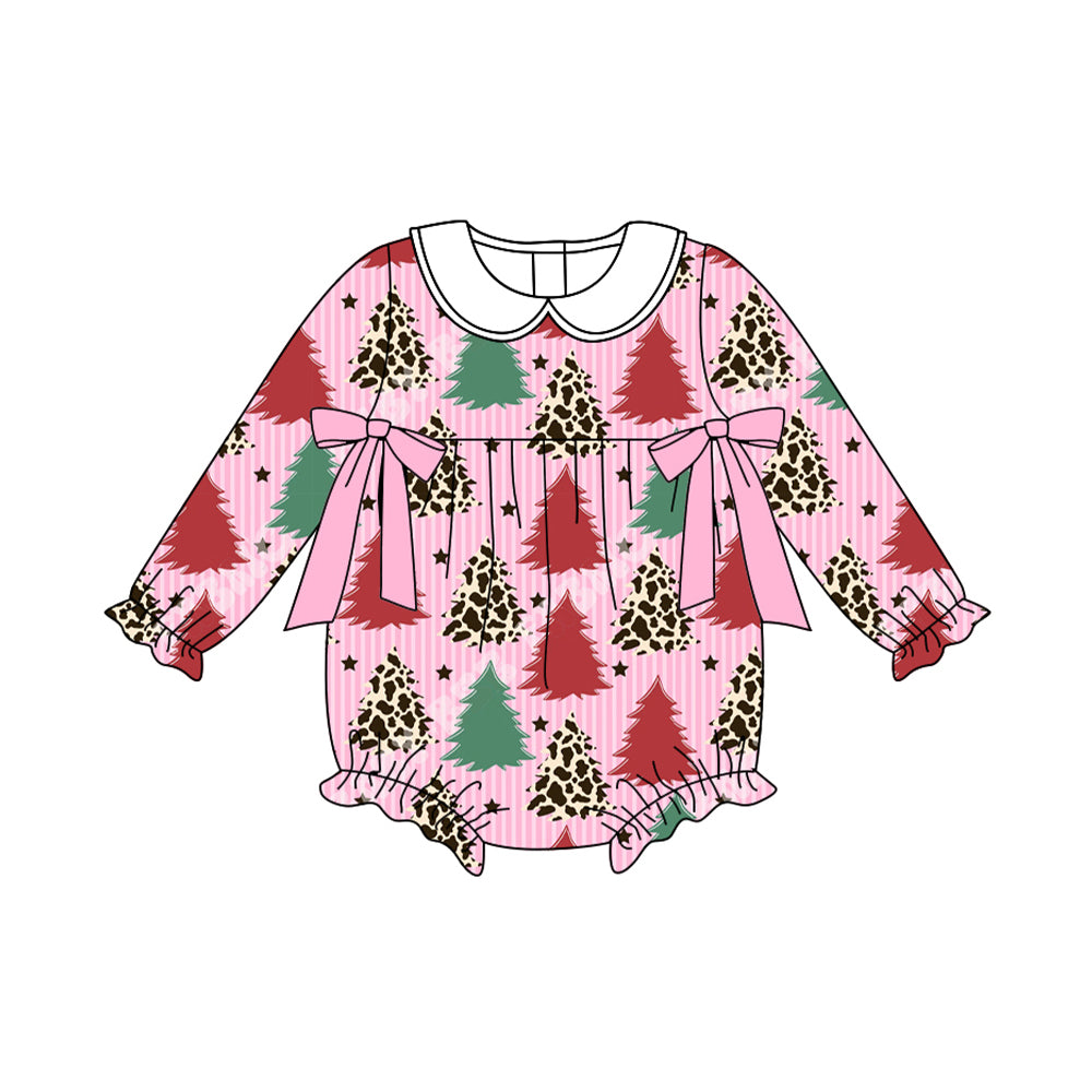 ( Moq 5 ) Preorder Baby Girl Long Sleeves Tree Christmas Pink Bubble Romper