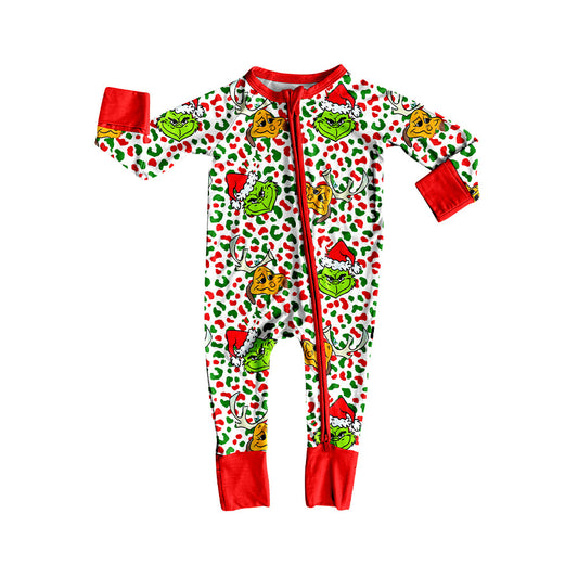 ( Moq 5 ) Preorder Baby Girl Long Sleeves Green Face Leopard Christmas Red Zipper Romper