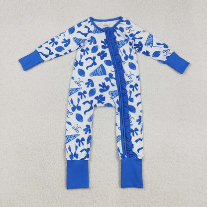 Sibling Baby Girls Kids Cheer Blue Bows Romper Dress Team Clothes RTS
