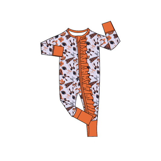 ( Moq 5 ) Preorder Baby Girl Long Sleeves Football Bows Team Cheer Orange Zipper Romper