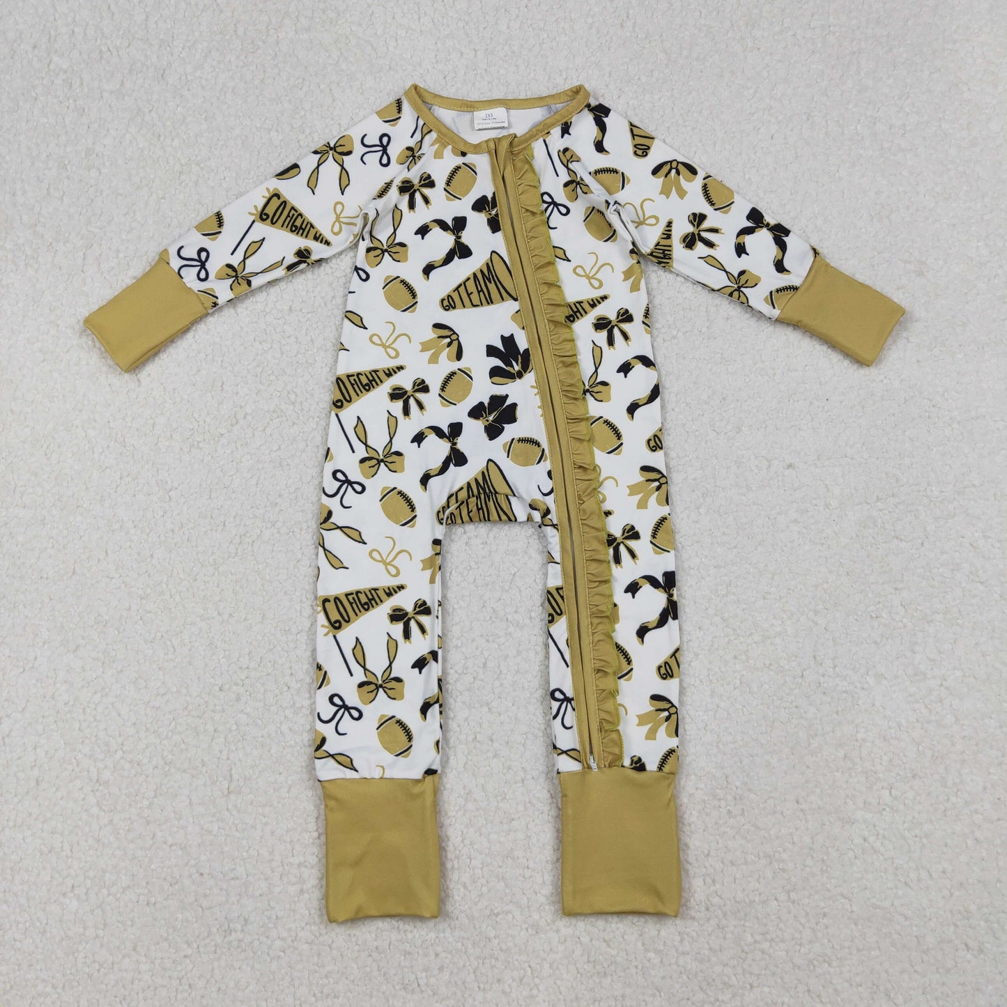 Sibling Baby Girls Gold Bows Footballs Go Team Ruffle Zipper Footie Romper Knee Length Dress