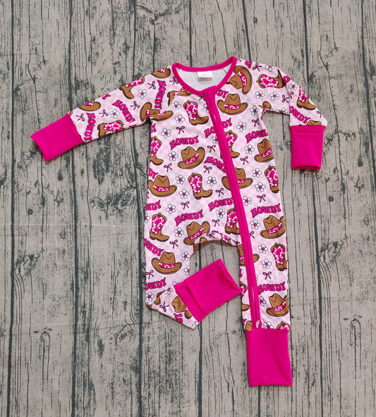 ( No moq ) Preorder Baby Girl Long Sleeves Western Howdy Boots Flower Bows Zipper Romper