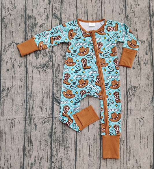 ( No moq ) Preorder Baby Boy Long Sleeves Western Howdy Boots Hats Zipper Romper