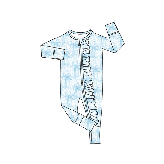 ( Moq 5 ) Preorder Baby Girl Long Sleeves Blue Bows Ruffle Zipper Pajamas Set