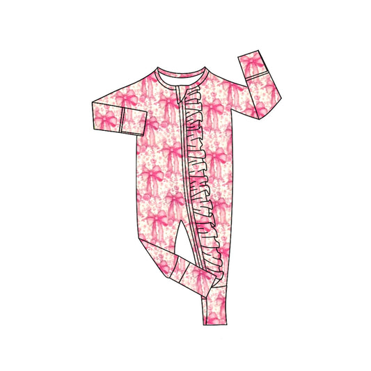 ( Moq 5 ) Preorder Baby Girl Long Sleeves Pink Bows Ruffle Zipper Pajamas Set