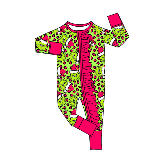 ( Moq 5 ) Preorder Baby Girl Fur Long Sleeves Green Face Leopard Christmas Red Zipper Pajamas Romper