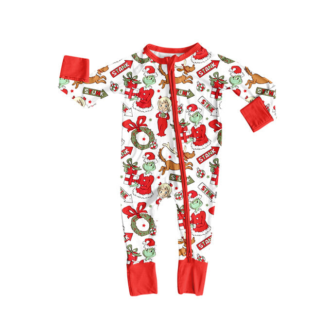 ( Moq 5 ) Preorder Baby Girl Long Sleeves Green Face Holly Christmas Red Zipper Romper