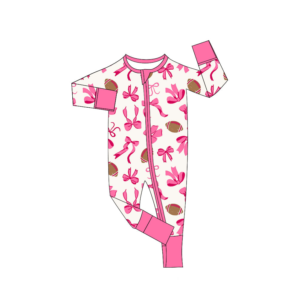 ( Moq 5 ) Preorder Baby Girl Long Sleeves Pink Bows Football Zipper Romper