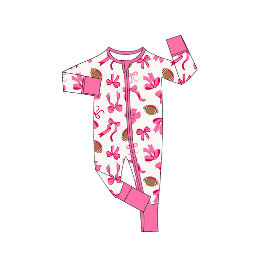 ( Moq 5 ) Preorder Baby Girl Long Sleeves Pink Bows Football Zipper Romper