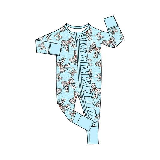 ( Moq 5 ) Preorder Baby Girl Long Sleeves Snowman Bows Christmas Blue Ruffle Zipper Romper