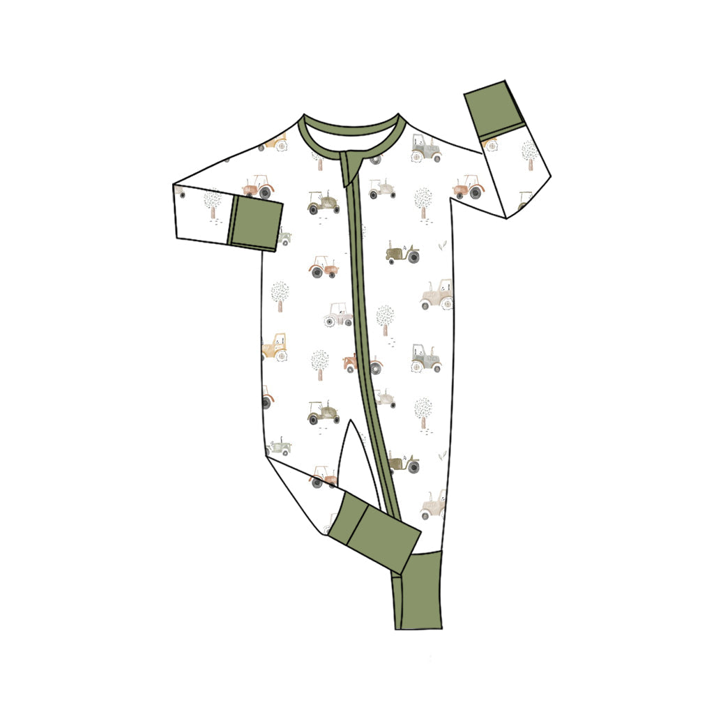 ( Moq 5 ) Preorder Baby Boy Long Sleeves Tractors Farm Zipper Pajamas Romper