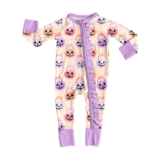 ( Moq 5 ) Preorder Baby Girl Long Sleeves Pumpkins Bows Baskets Halloween Zipper Romper