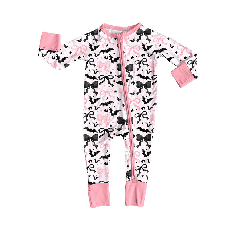 ( Moq 5 ) Preorder Baby Girl Long Sleeves Bats Bows Halloween Pink Zipper Pajamas Romper