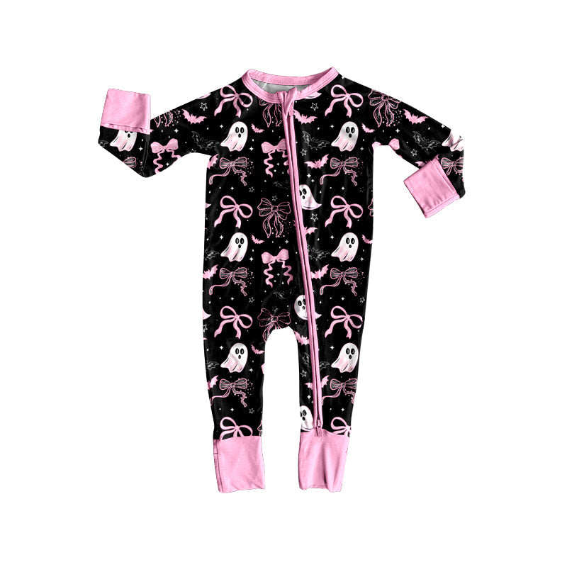 ( Moq 5 ) Preorder Baby Girl Long Sleeves Ghost Bows Halloween Zipper Romper