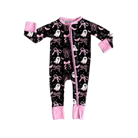 ( Moq 5 ) Preorder Baby Girl Long Sleeves Ghost Bows Halloween Zipper Romper